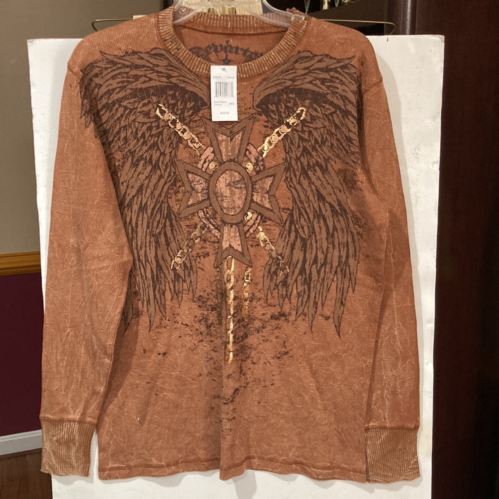 NWT VTG-Wash LS Teen Boys/Adult M THERMAL SHIRT w/brown winged/sword silk screen